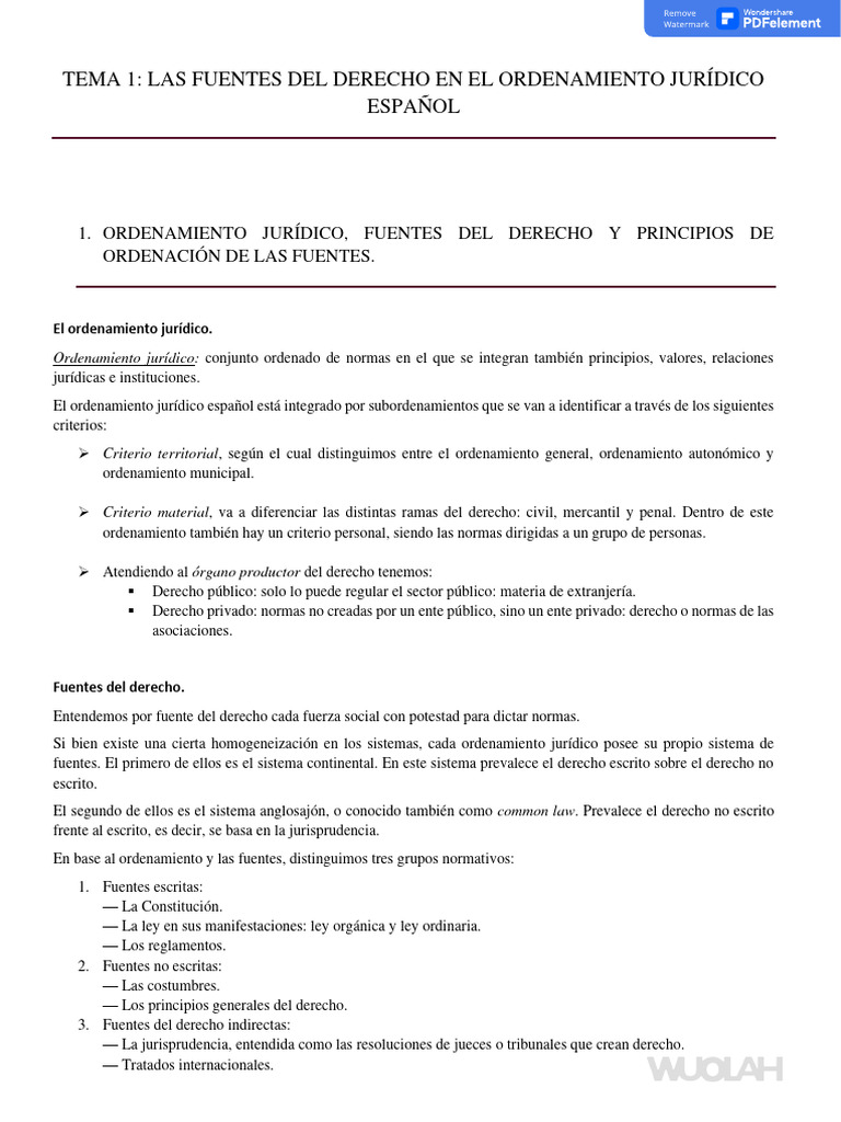 Tema 1 Las Fuentes Del Derecho en El Ordenamiento Juridico Espanol ...
