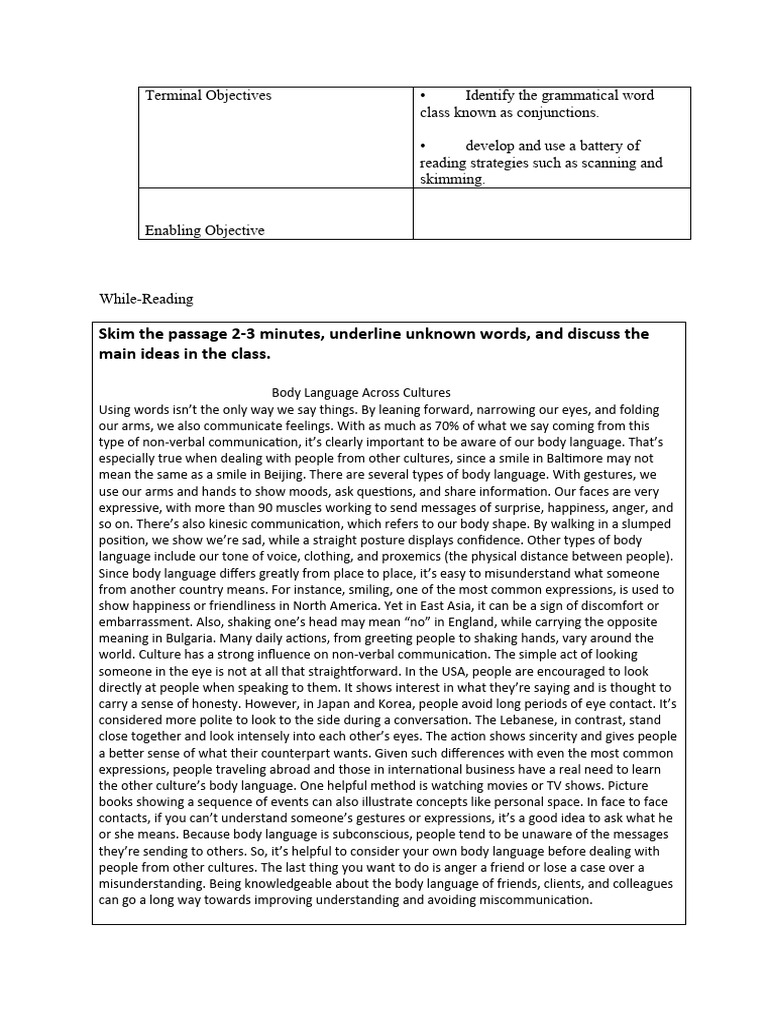Readi̇ng Lesson Plan | PDF | Body Language | Nonverbal Communication