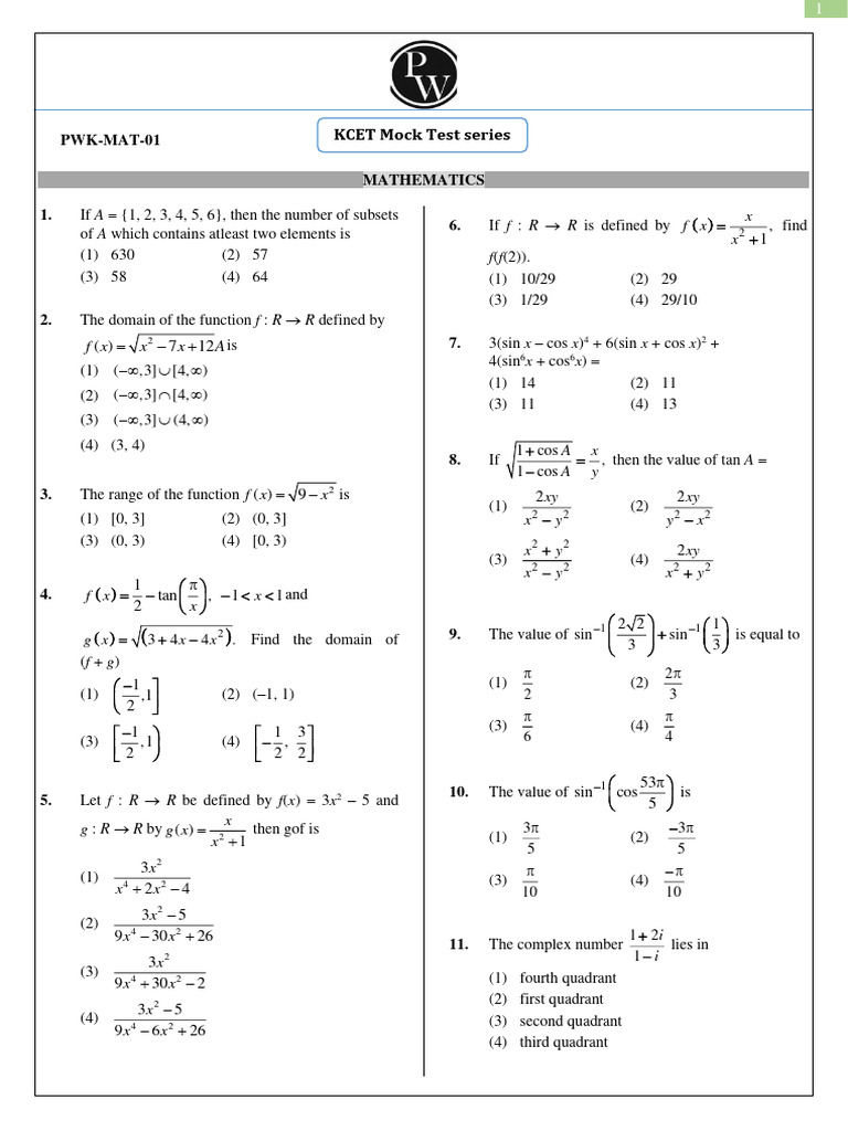 PWK MAT 01 Mathematics Final KCET Revision With Mock Test Guru