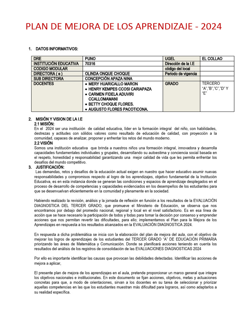 Plan de Mejora de Aprendizajes 2024 | PDF | Maestros | Evaluación