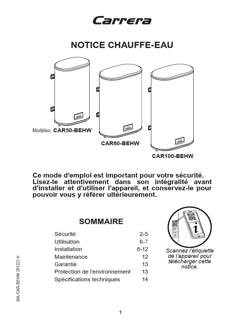 Notice ChauffeEau Carrera BEHW PDF Électrotechnique — free download