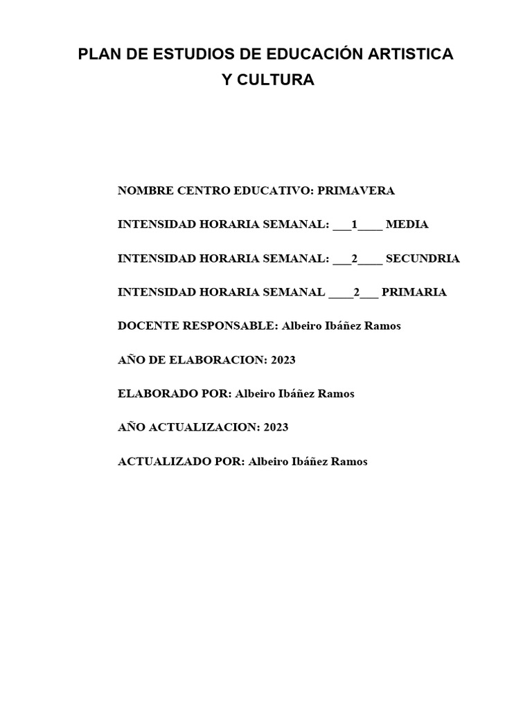 Plan de Area Educacion Artistica 2023 | PDF | Evaluación | Educación en ...