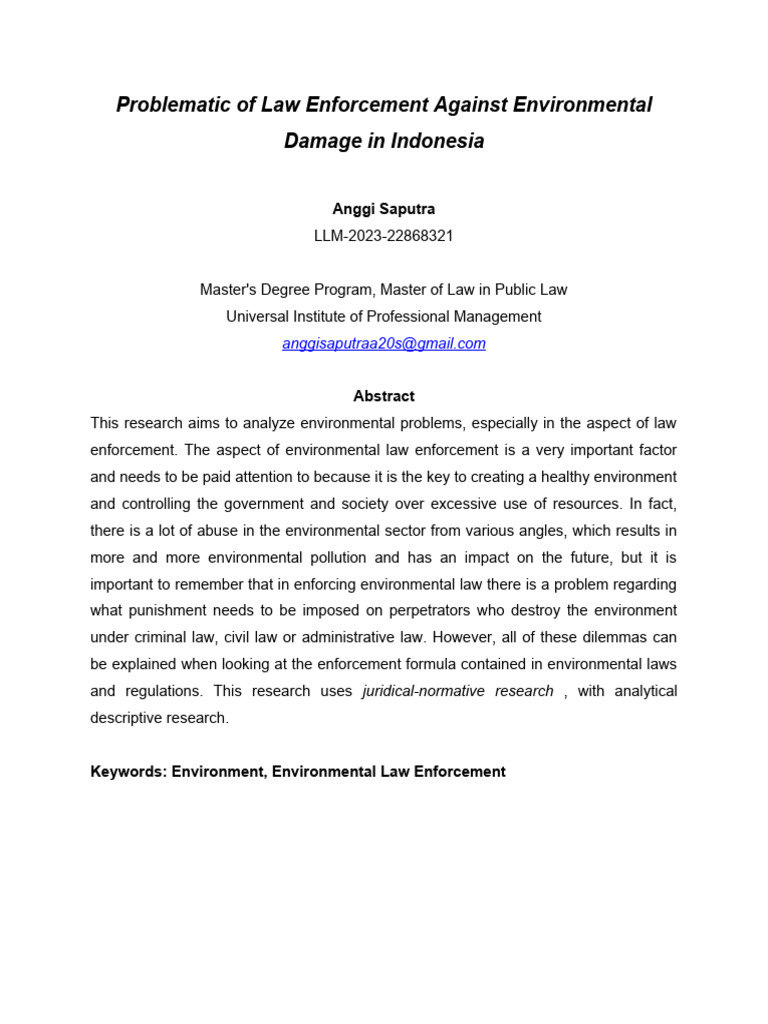 Problematic Of Law Enforcement Against Environmental Damage In