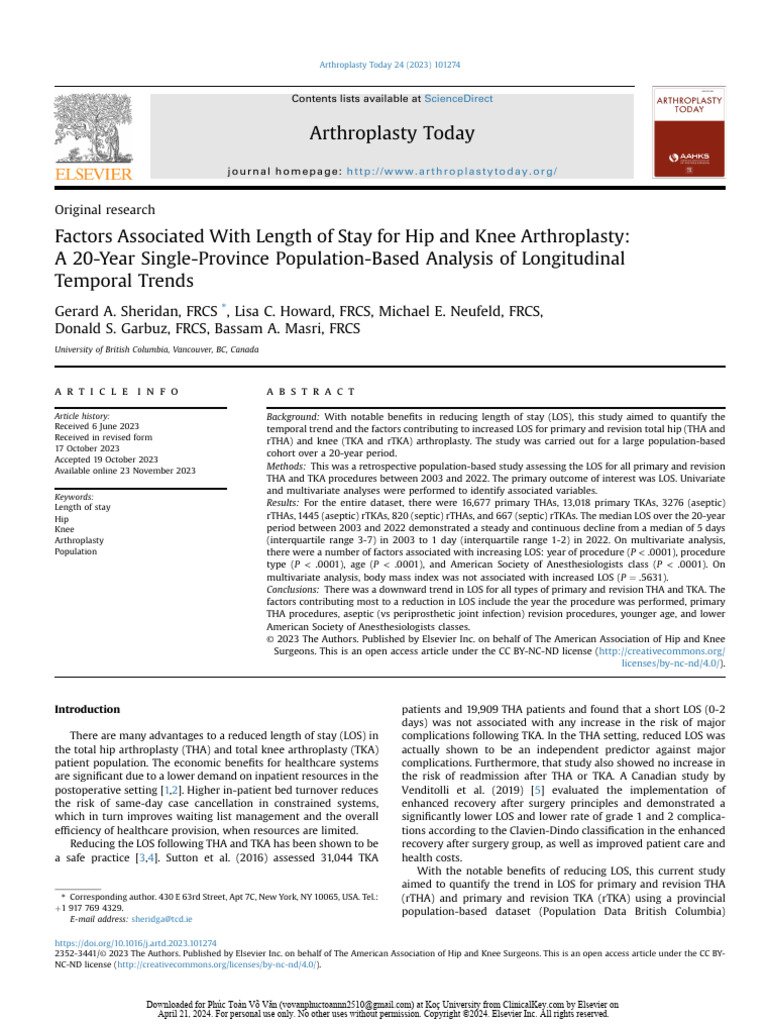 Factors Associated With Length of Stay For Hip and Knee Arthroplasty | PDF