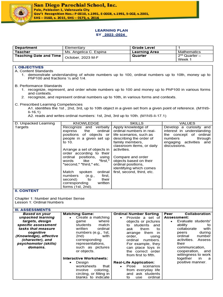 Grade 1 2nd Grading Math Lesson Plan | PDF | Learning | Teachers
