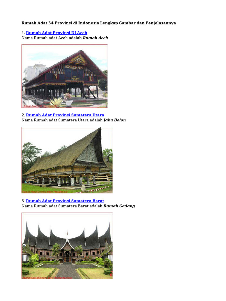 Rumah Adat 34 Provinsi Di Indonesia Lengkap Gambar Dan Penjelasannya | PDF
