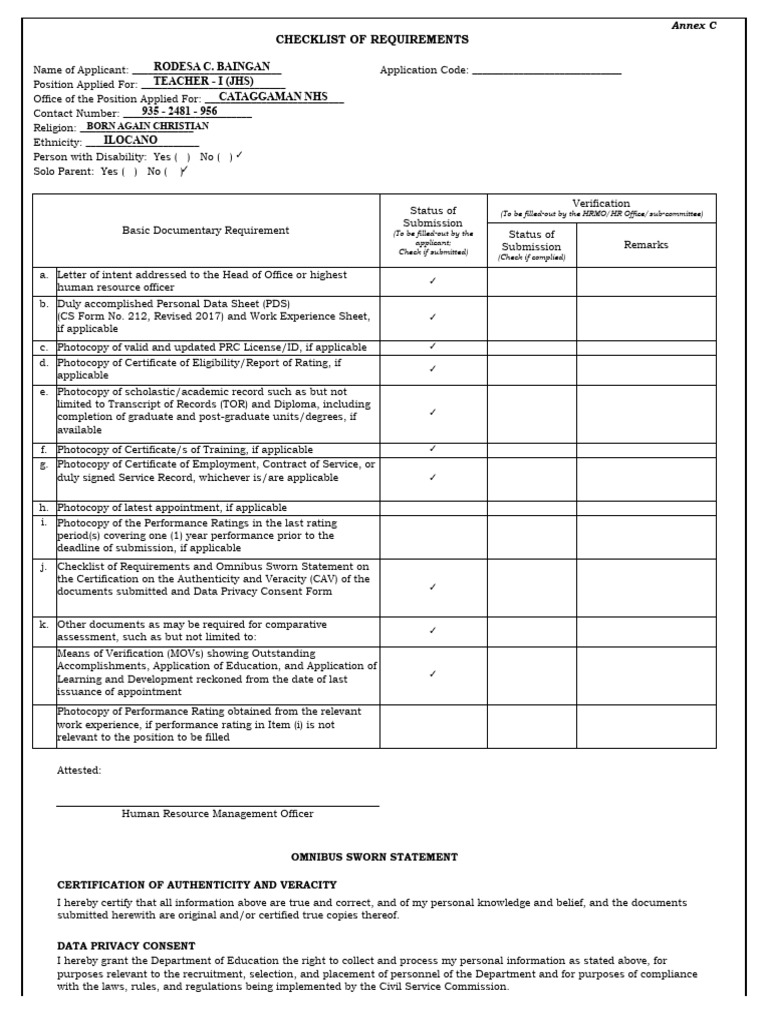 Annex C Checklist of Requirements and Omnibus Sworn Statement Download Free PDF Authentication