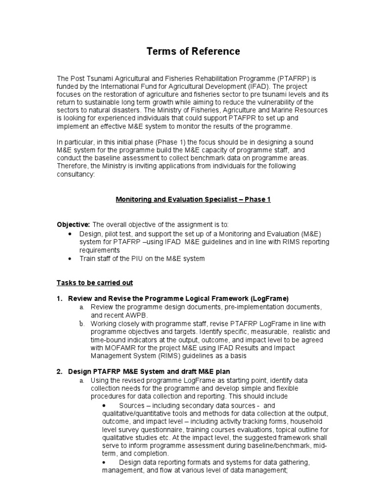 Draft TOR Monitoring and Evaluation Establishment and Baseline | PDF ...