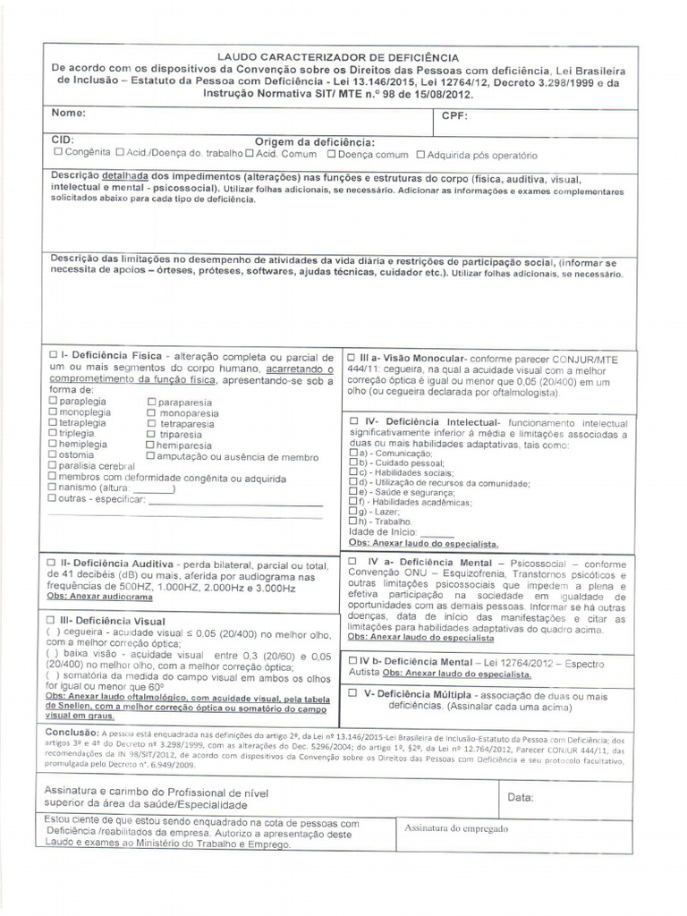 Avaliação de PCD - Ficha Nova | PDF