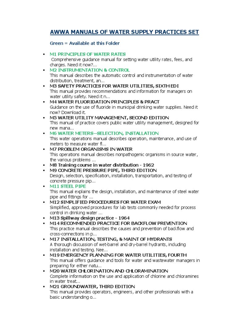 Awwa Manuals of Water Supply Practices Set | Water Supply Network | Water  Supply