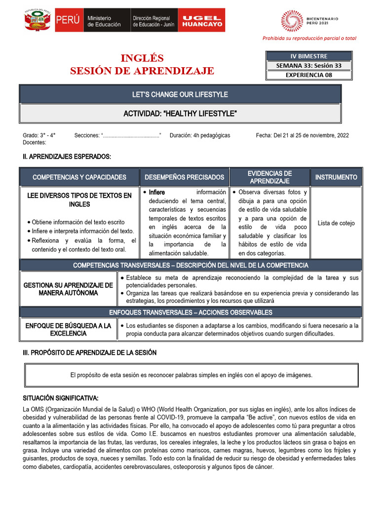 SESIÓN EXP 8 - SEMANA 1 - Ingles 3°-4° | PDF | Aprendizaje | Obesidad
