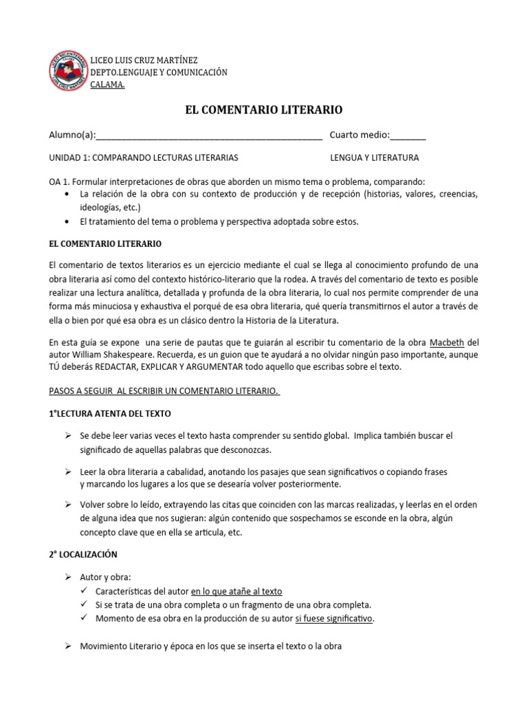 Guía Comentario Literario 2023 | PDF | Autor