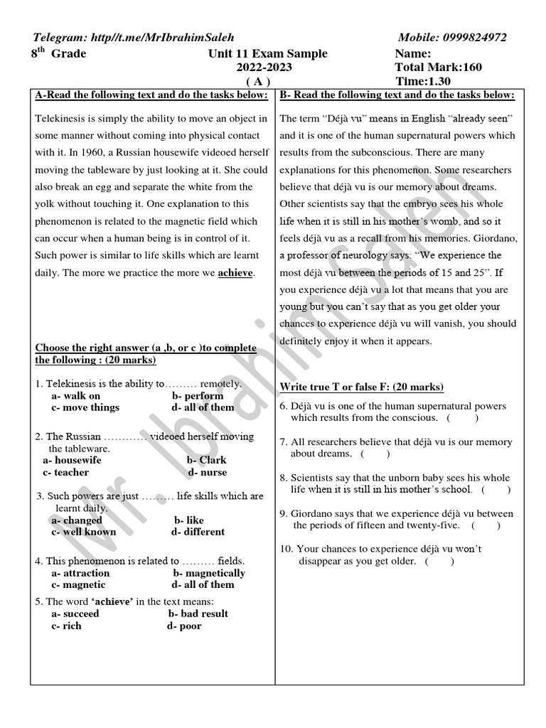 8th Grade Unit 11 Exam Sample | PDF | Cognition | Cognitive Science