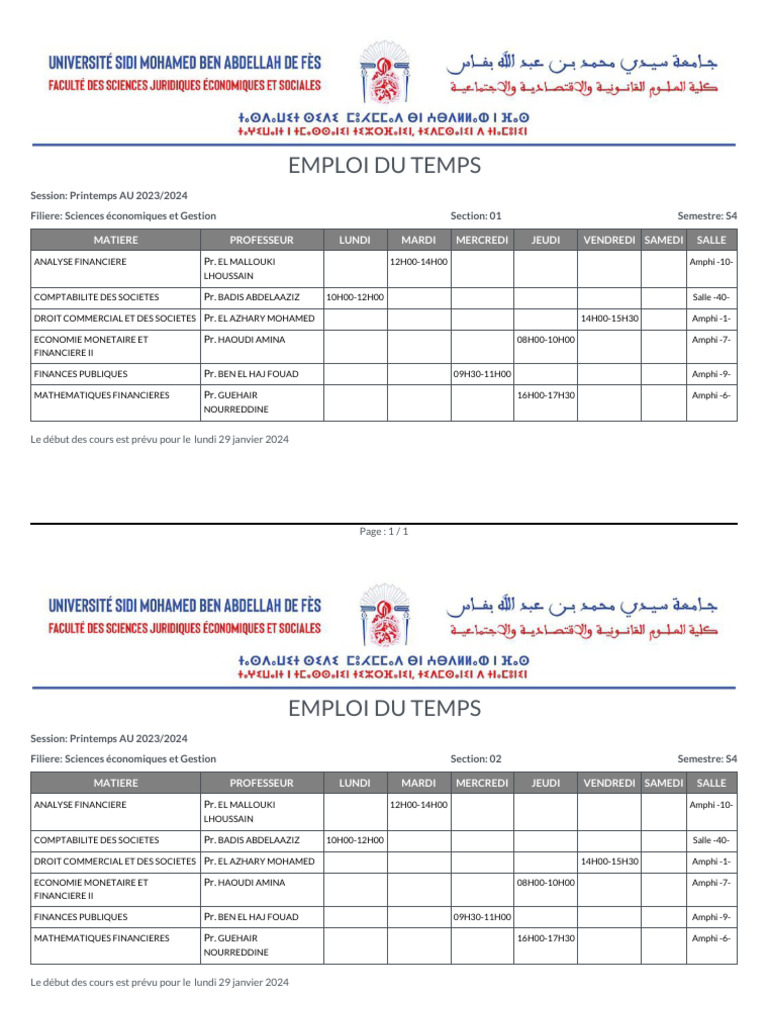 Emploi du temps S4 Printemps 2024 | PDF | Économie | Économie