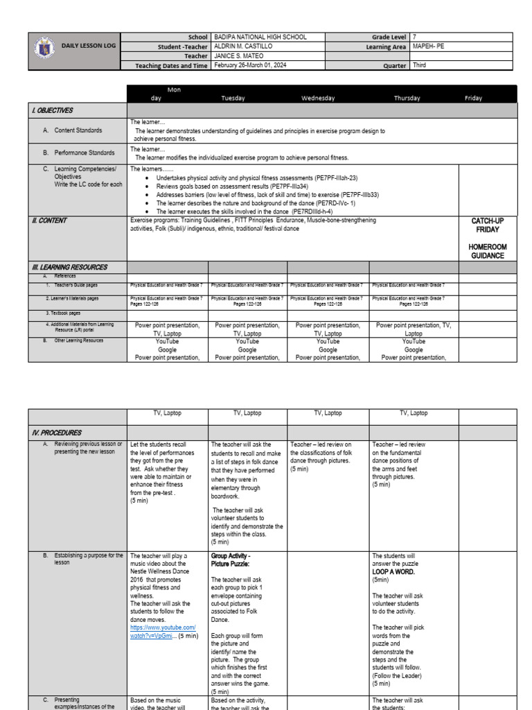Grade 7 MAPEH PE Daily Lesson Plan | PDF | Physical Education | Dances