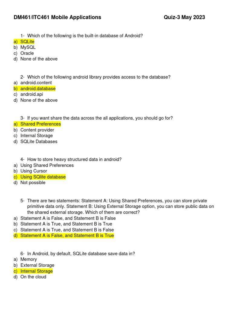 Android Mobile App Database Quiz | PDF | Databases | Android (Operating ...