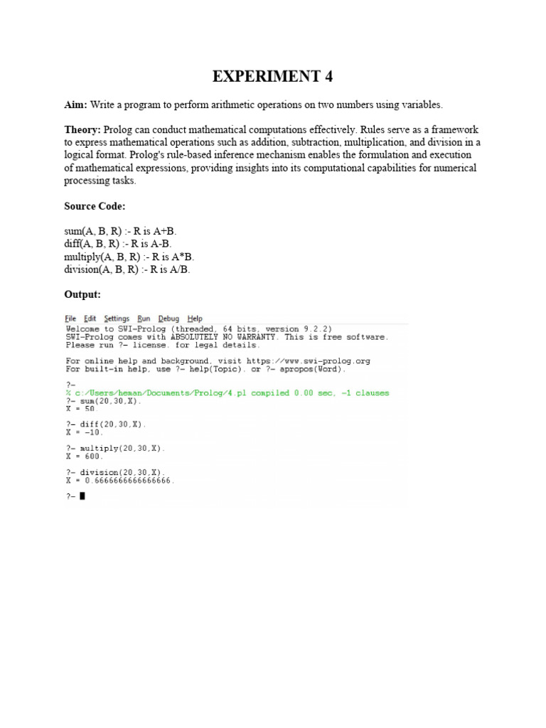 Prolog Arithmetic Operations Program | PDF | Computers