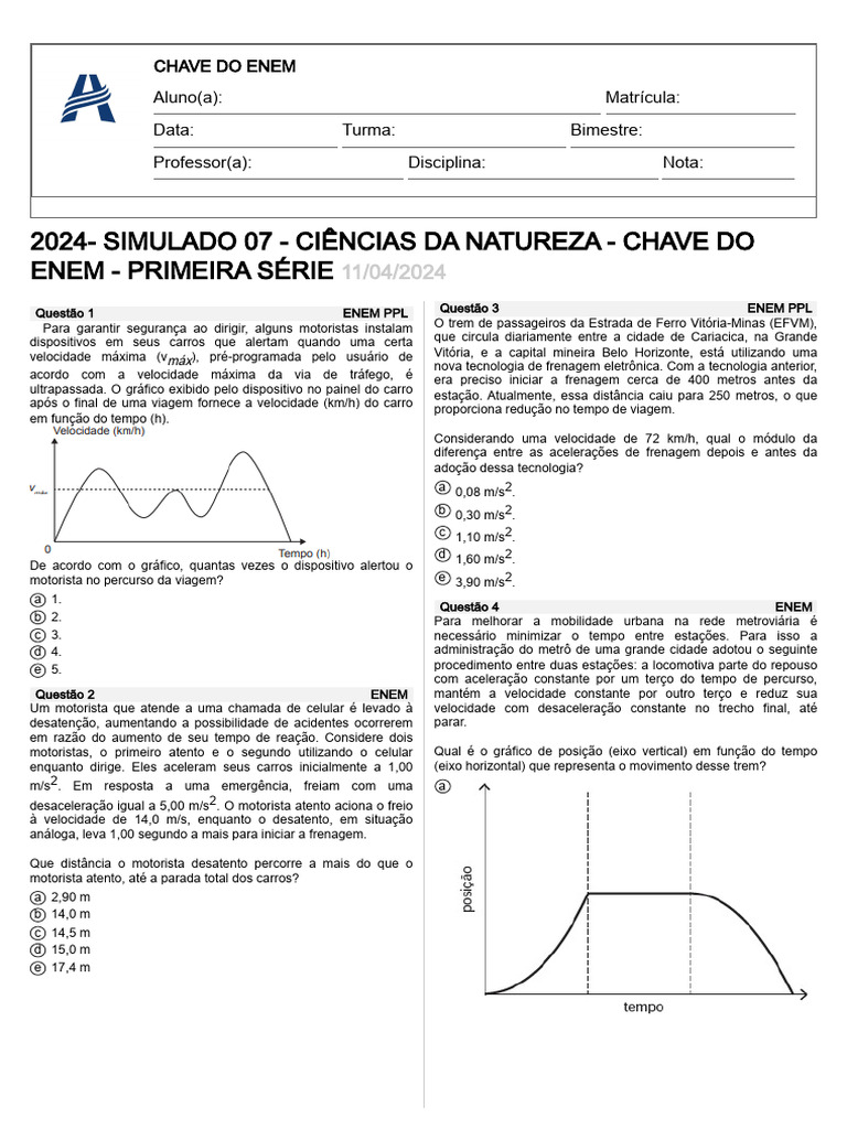 2024 - Simulado 07 - Ciências Da Natureza - Chave Do Enem - Primeira ...