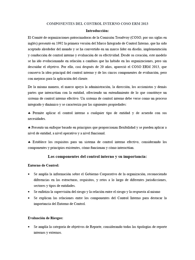 Componentes del Control Interno COSO 2013 | PDF | Evaluación | Business