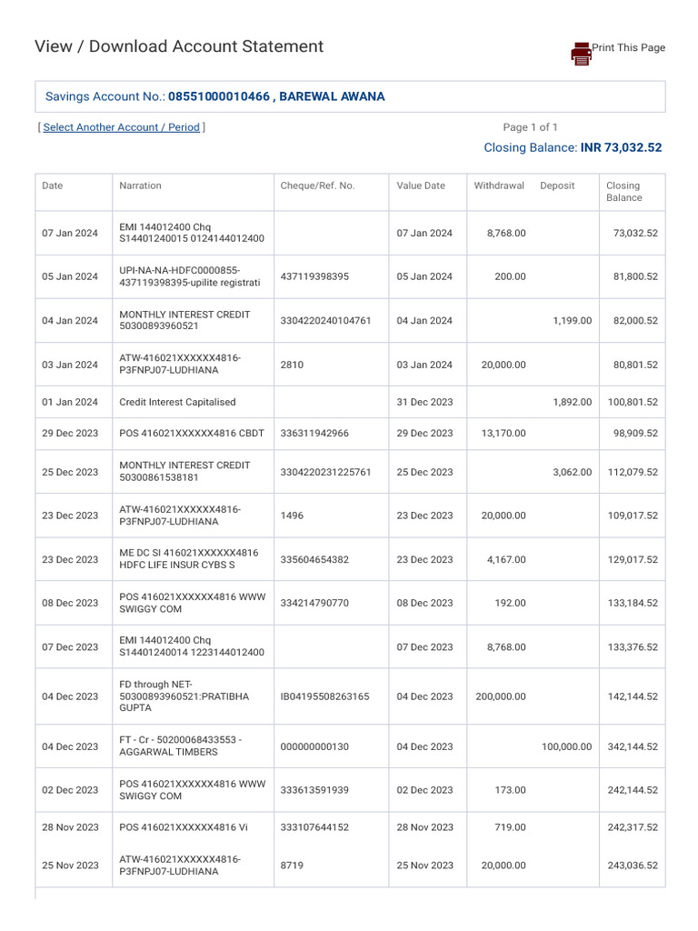 HDFC Bank Account Statement Summary | PDF | Financial Services | Banking