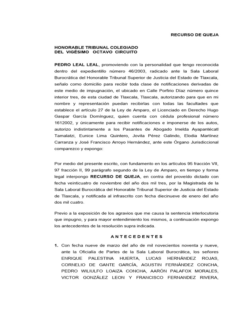 Recurso de Queja por Nulidad de Actuaciones | PDF | Caso de ley ...