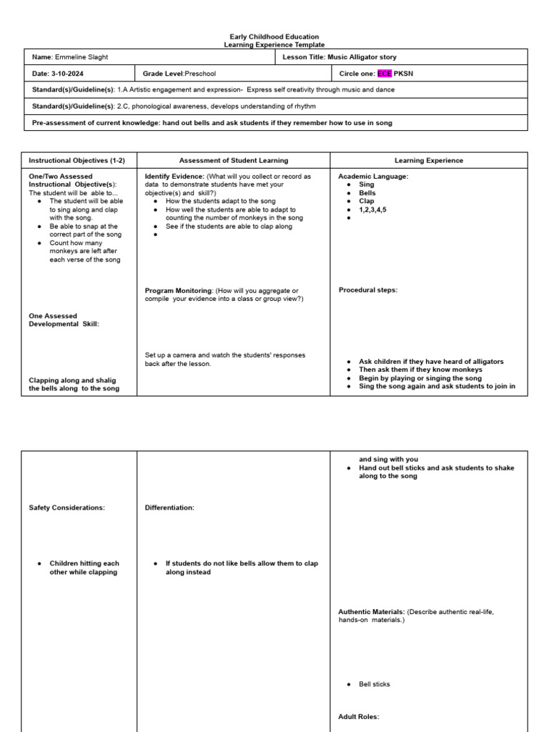 Ece Lesson Plan Template-5 | PDF | Learning | Early Childhood Education