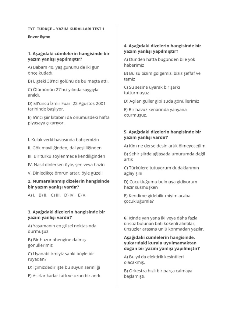 Tyt Turkce Yazim Kurallari Test Sorulari Ve Cevaplari | PDF