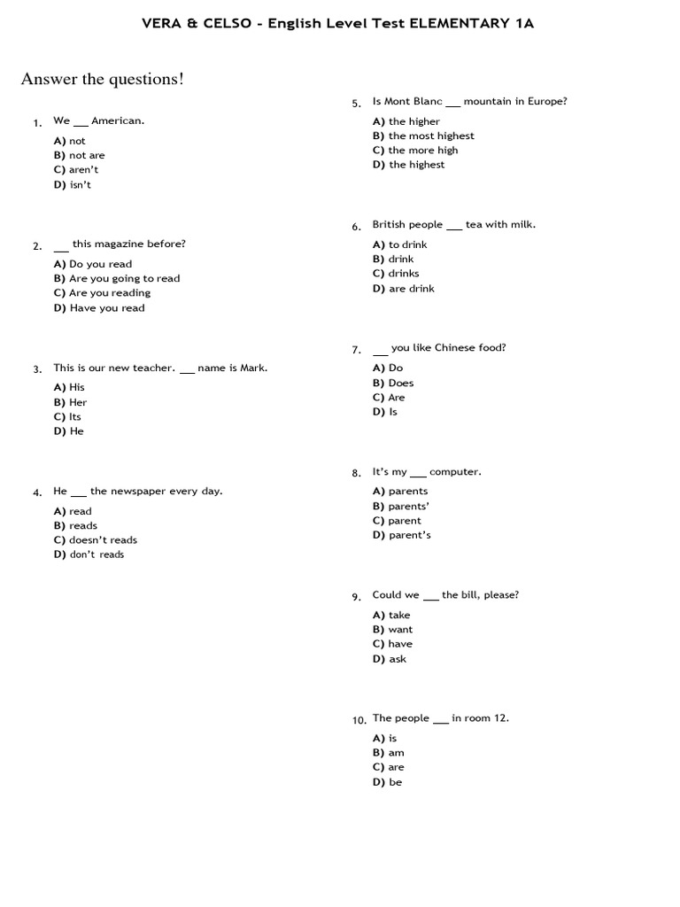 A1 Level English Test - Elementary 1A | PDF