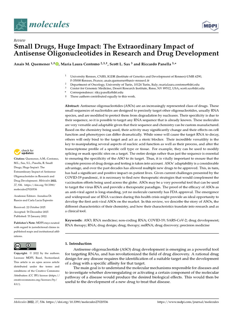 The Extraordinary Impact of Antisense Oligonucleotides in Research and ...
