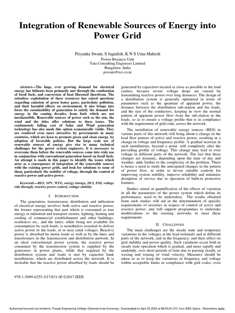 Integration of Renewable Sources of Energy Into Power Grid | PDF ...