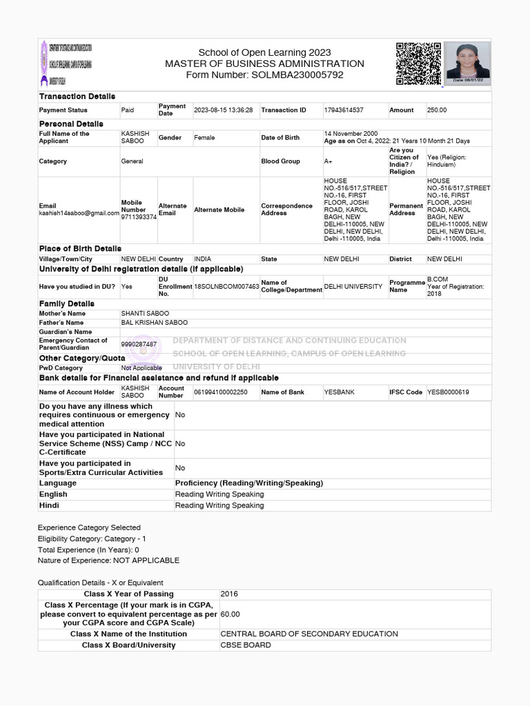 MBA Admission Application - Kashish Saboo | PDF