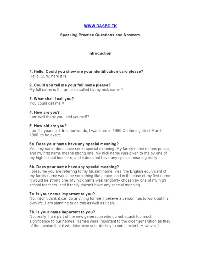 IELTS Speaking Questions Answers | PDF | Travel | Language Arts ...