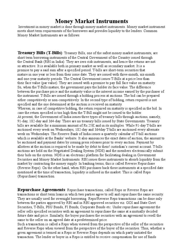 Overview of Money Market Instruments | PDF | Repurchase Agreement ...