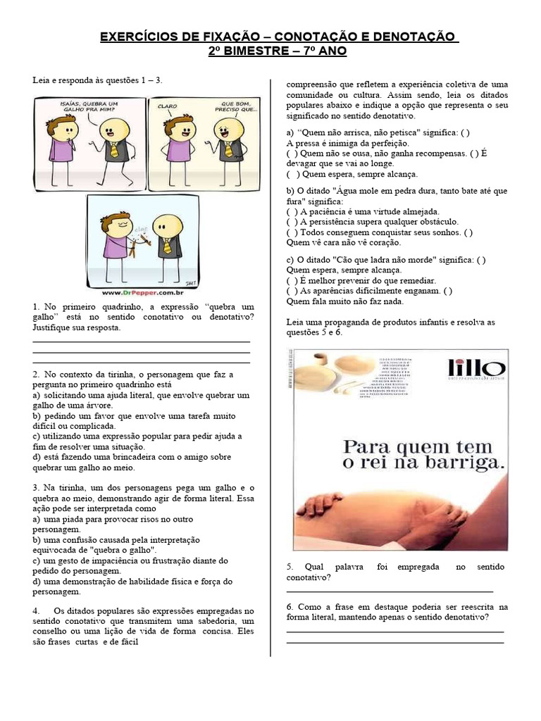 Denotação e Conotação Exercícios 7º Ano | PDF