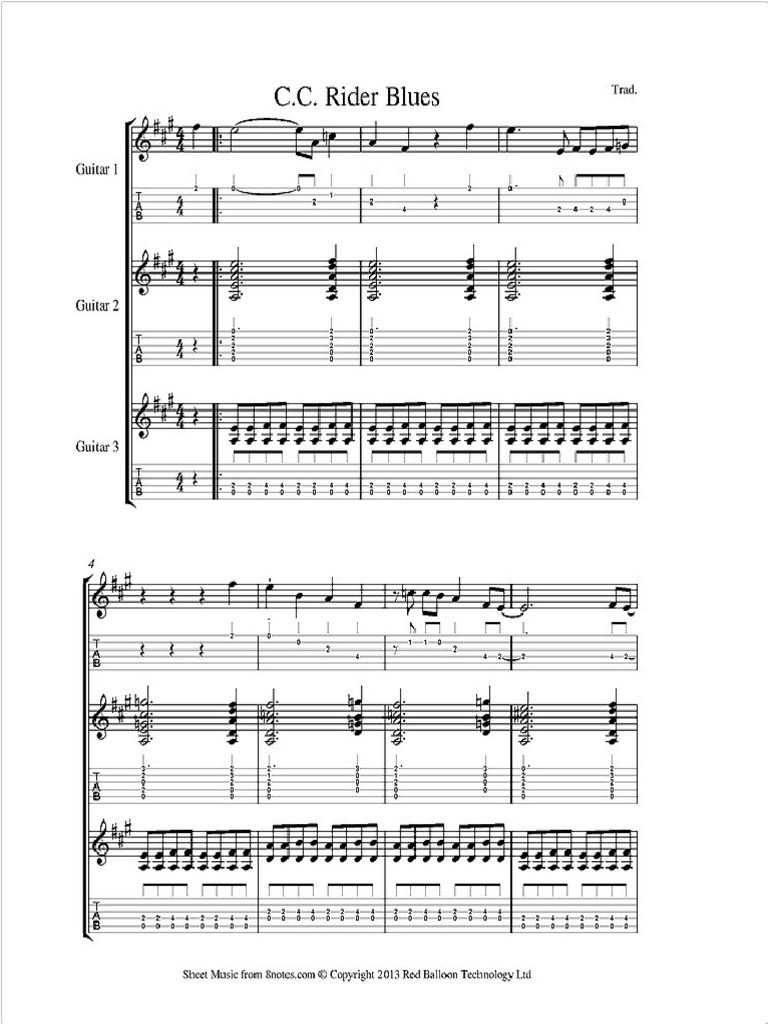 C C Rider Blues (Aka See See Rider) For 3 Guitar Ensemble | PDF