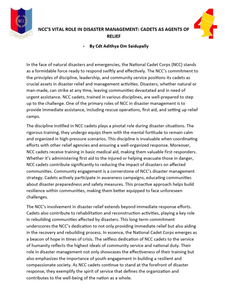 NCC Article - CDT Adithya Om | PDF | Emergency Management | Public Safety