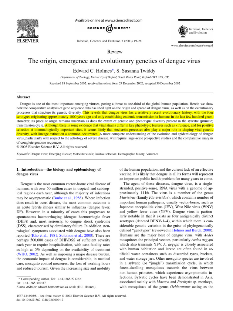 Origin and Evolution of Dengue Virus | PDF | Virus | Evolution