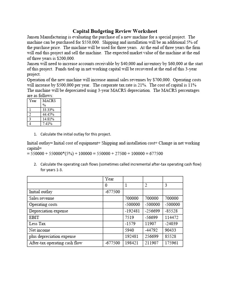 Capital Budgeting Analysis for Jansen | PDF | Depreciation | Internal ...