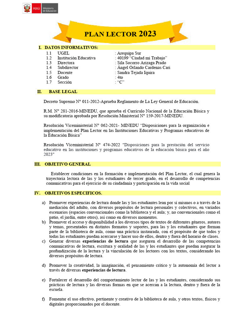 Plan Lector 2023 para 4° Grado C | PDF | Salón de clases | Ciencia ...