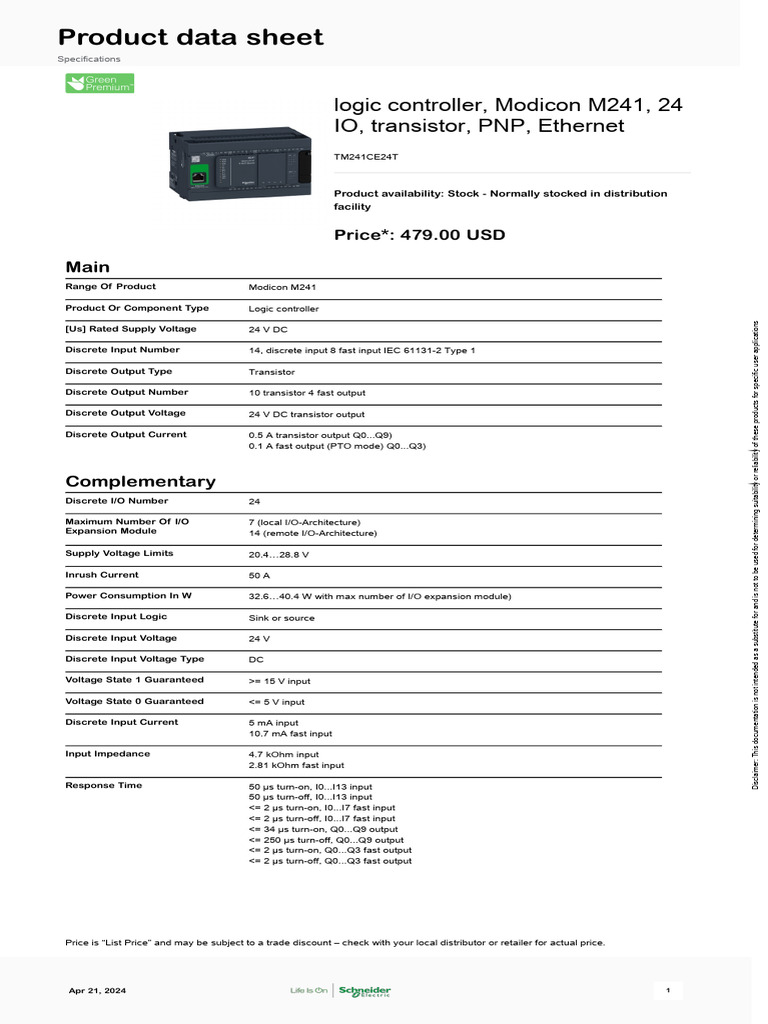 Schneider Electric Modicon M241 Micro Plc Tm241ce24t Pdf