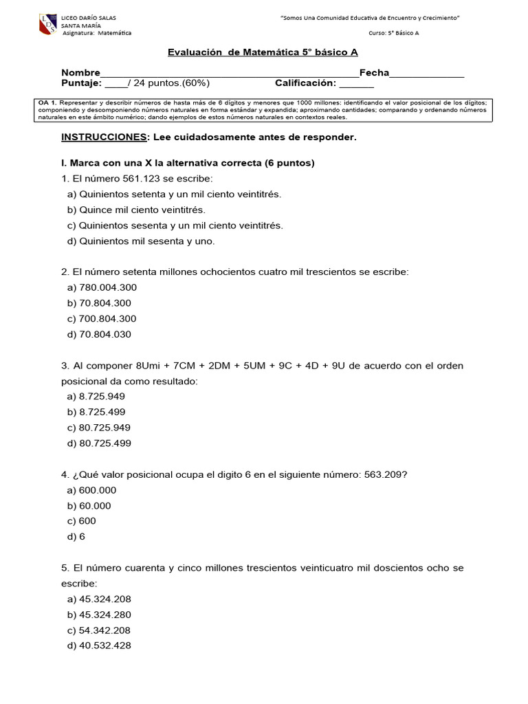 Evaluación Matemática 5° Básico A | PDF | Matemáticas | Aritmética