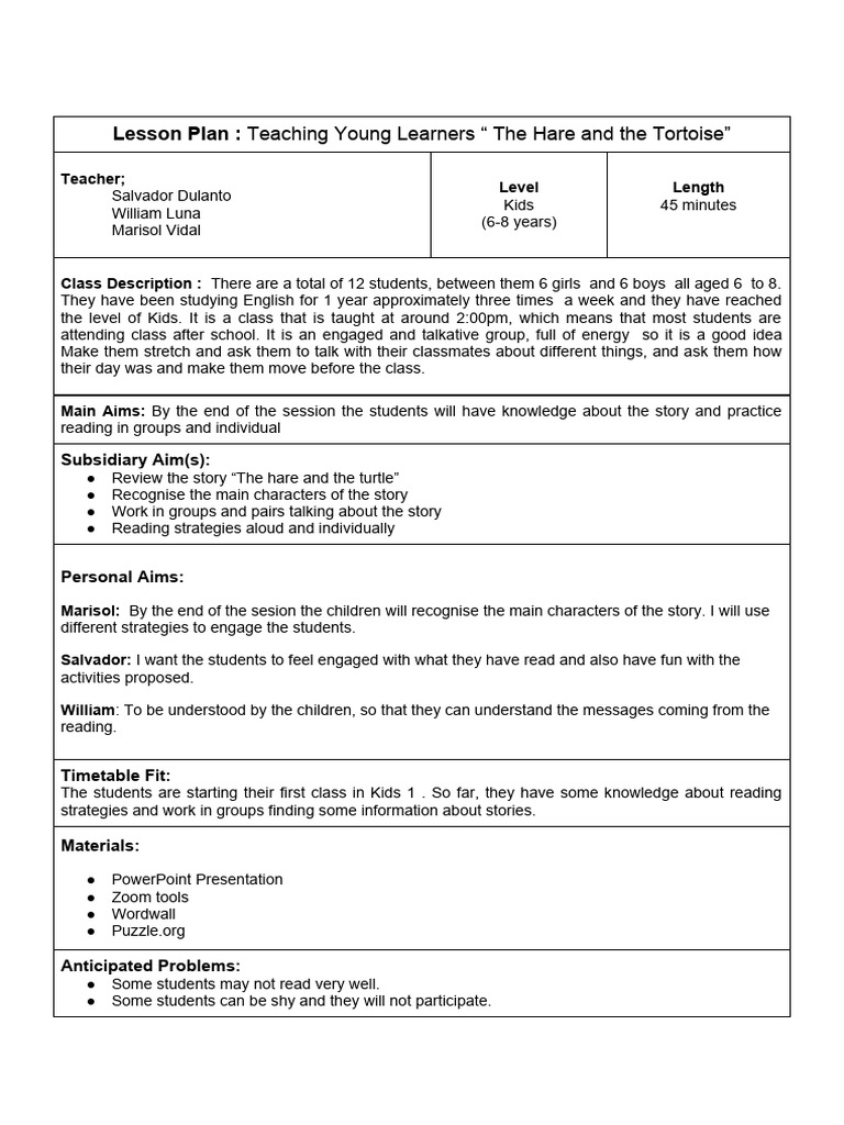 Lesson Plan for "The Hare and the Tortoise" | PDF | Learning | Cognition
