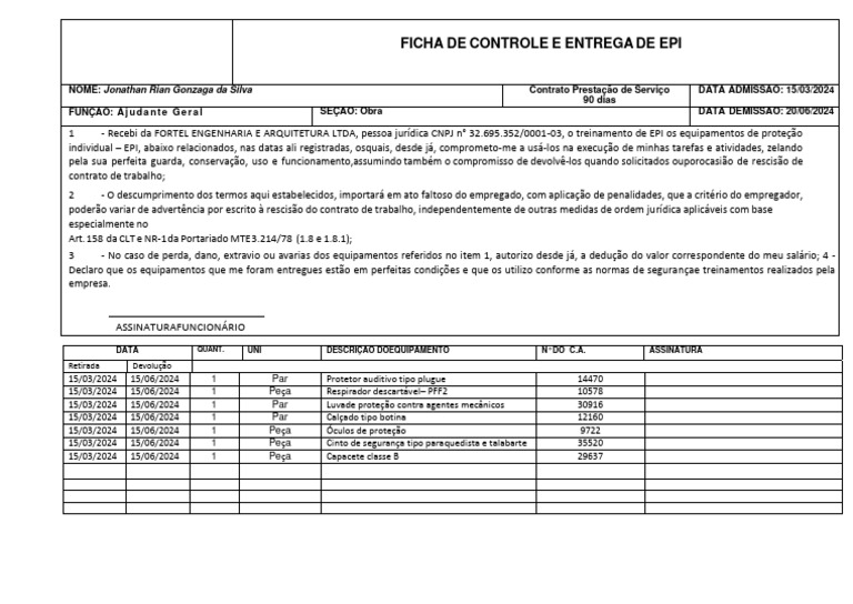 Ficha de Controle de EPI para Funcionários | PDF