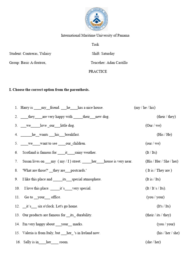 Possessive Adjectives and Subject Pronouns Yulaisy Contreras | PDF ...