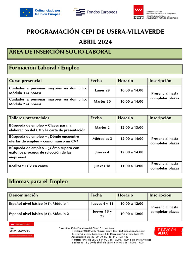 Programacion Cepi Madrid Usera Villaverde Abril 2024 | PDF
