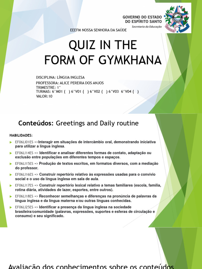 Quiz de Inglês para 6º Ano: Gymkhana | PDF
