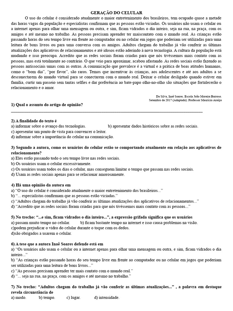 8º Ano - Artigo de Opinião - Exercício | PDF | Celulares | Internet