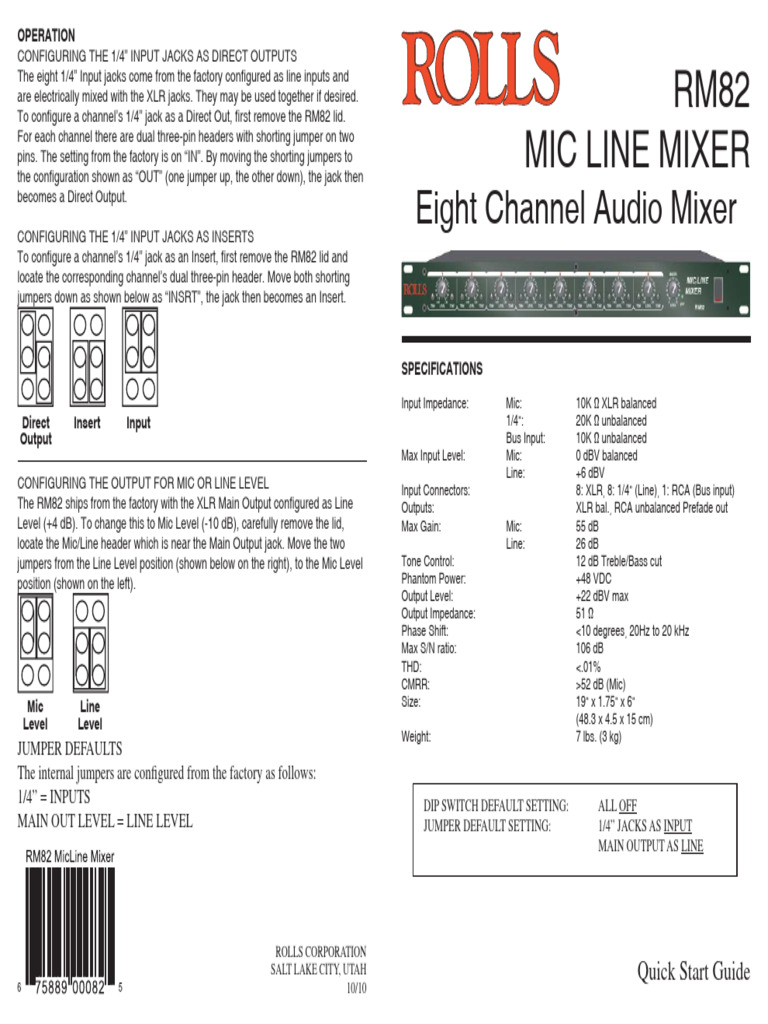 RM82 Eight Channel Audio Mixer Guide | PDF | Microphone | Signal Processing