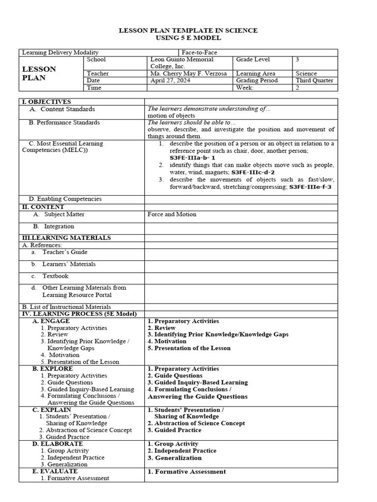 Lesson Plan Template Using 5E Model PDF Learning Inquiry Based Lesson Plan Template Using 5E Model PDF Learning Inquiry Based