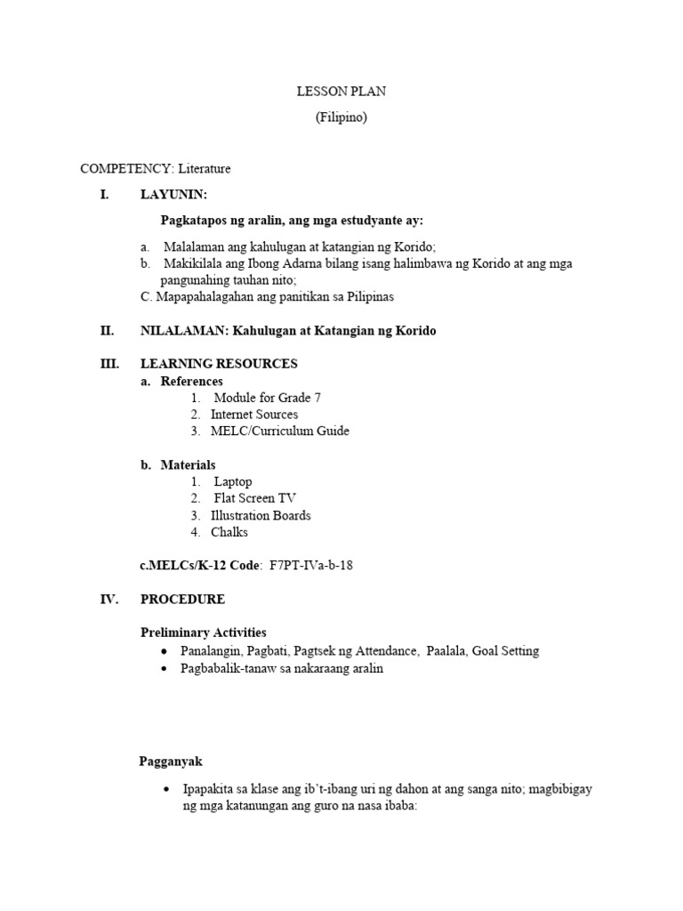 Kahulugan at Katngian NG Korido-Lesson Plan | PDF